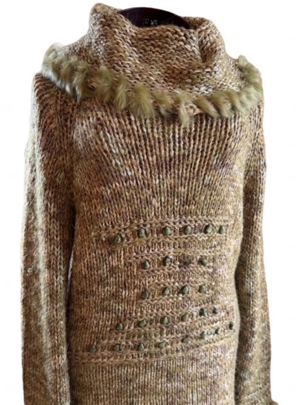 Vintage Y2K Qunfa Chunky Marled Knit Cowl Sweater Faux Fur Studded Earthy